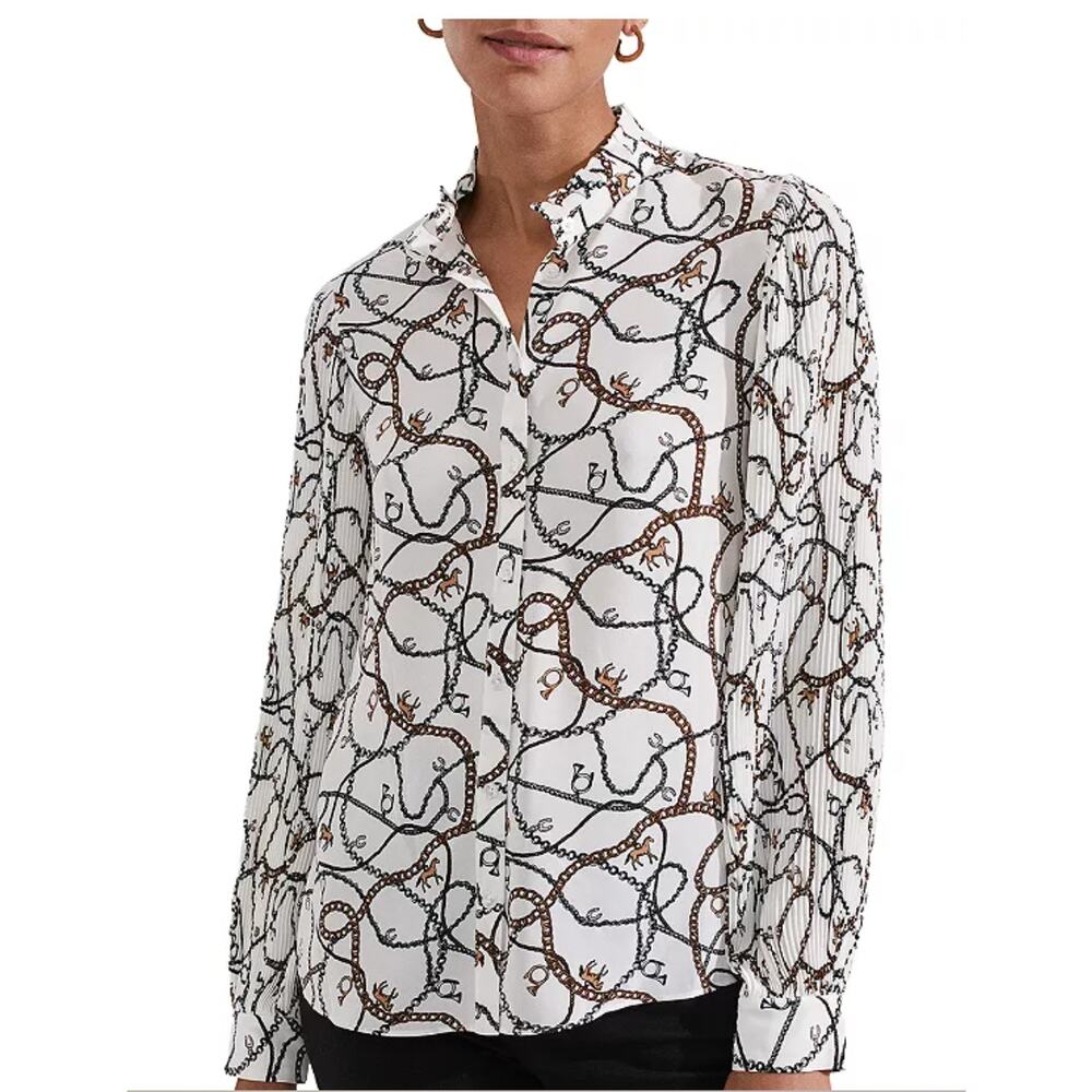 HOBBS LONDON Cassandra Equestrian Printed Blouse Size 16 EUC Pleated Sleeve